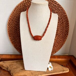 VTG Carved Red Jasper Barrel Bead Necklace Stone Bead Statement 16”-18”